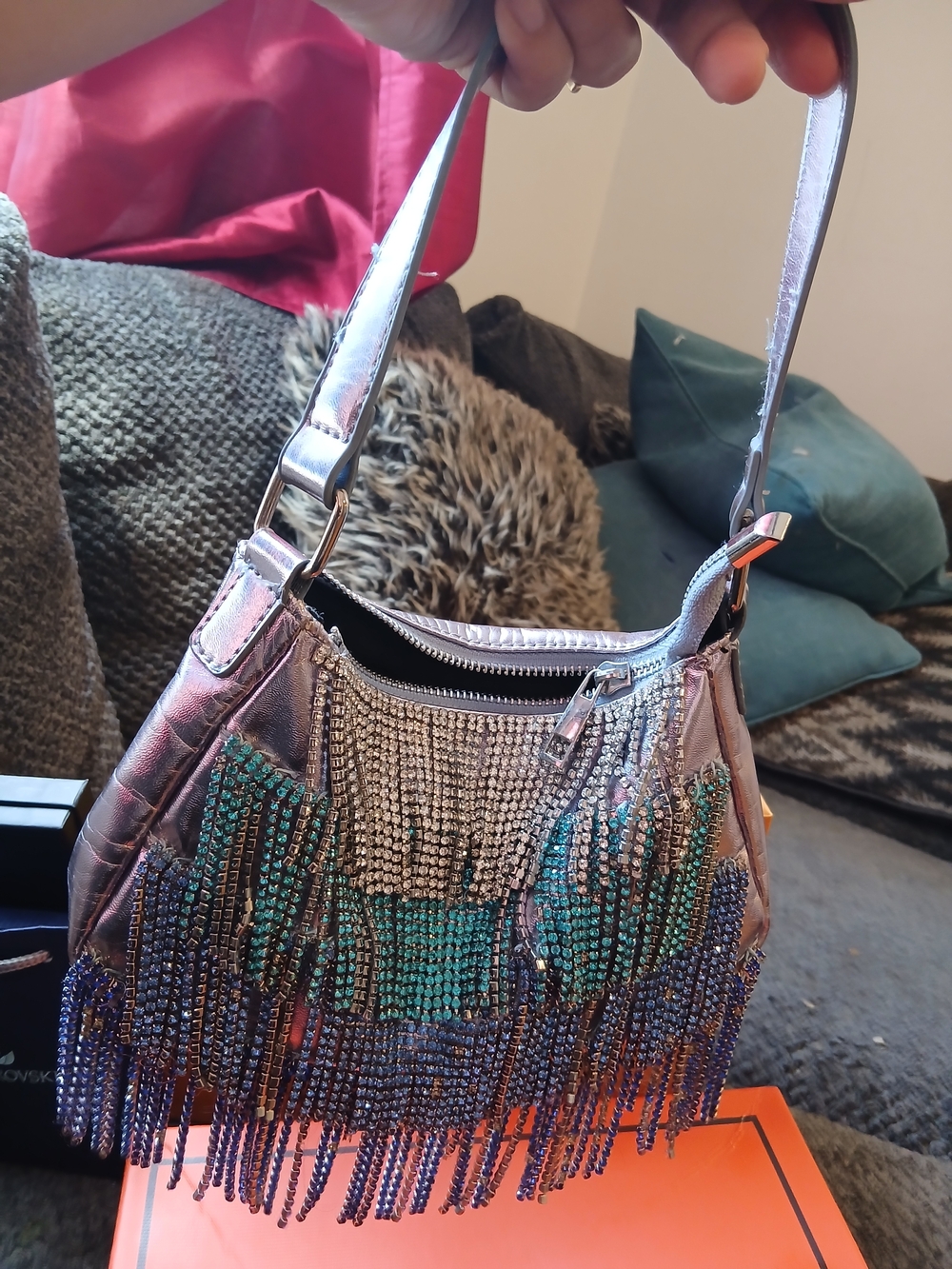 DOLLS POSTER GIRL Silver Shoulder Bag with Teal & Blue Fringe